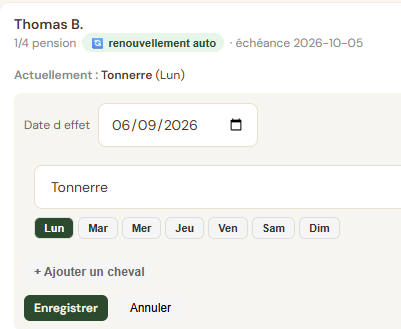 Gestion d'une demi-pension dans Horsio : cheval et jours affectés